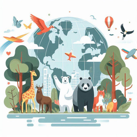 Animals on the planet. Vector illustration in flat cartoon style.のイラスト素材