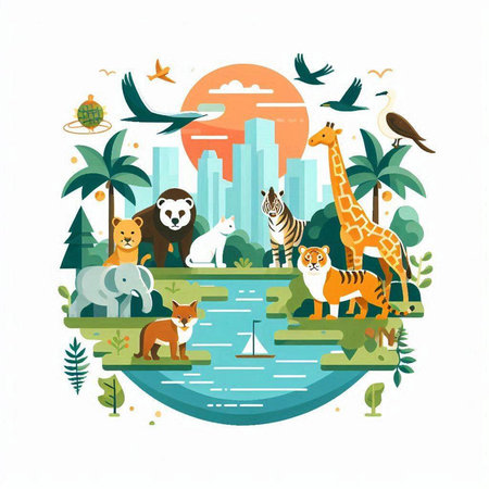 Vector illustration of wild animals on the background of the city landscape.のイラスト素材