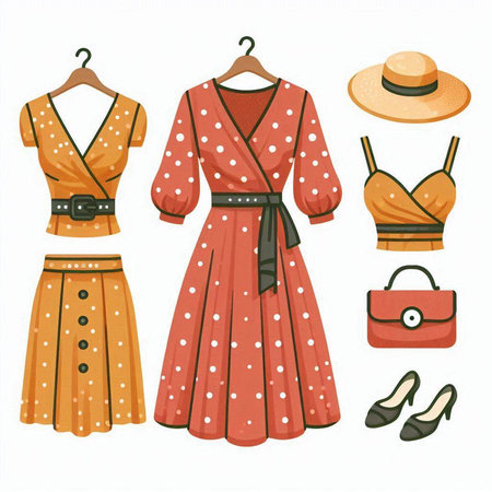 Vector set of women's clothes and accessories on a white background.のイラスト素材