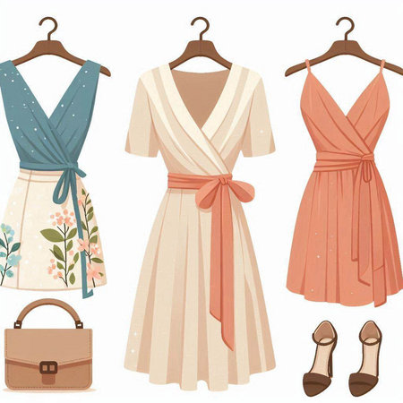 Women's clothes and accessories on a white background. Vector illustration.のイラスト素材