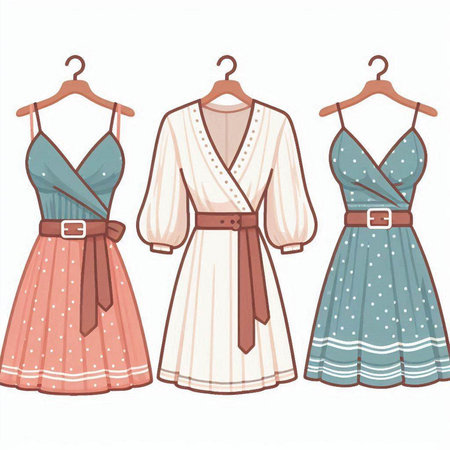 Set of women's dresses on a hanger. Vector illustration.のイラスト素材