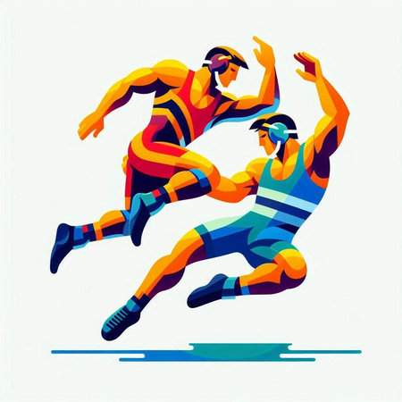 Abstract vector illustration of two soccer players, man and woman, running.のイラスト素材