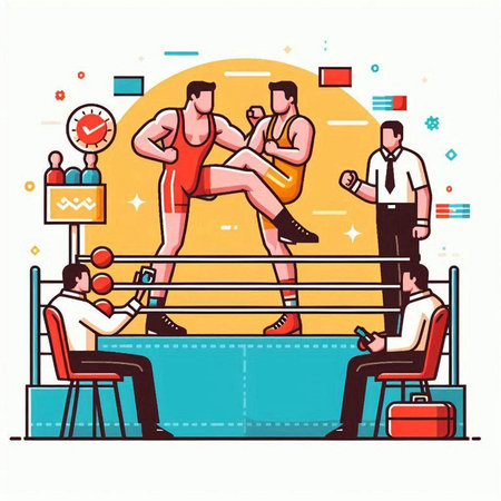 Boxing match concept. Flat vector illustration of boxing match in gym.のイラスト素材