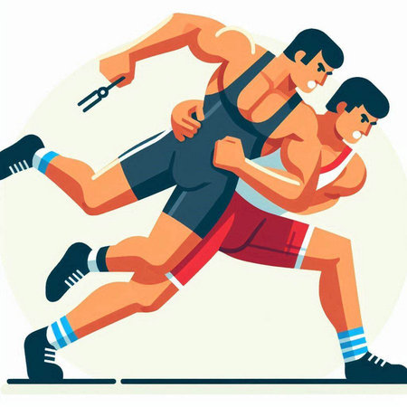 Two men running together. Vector illustration in flat cartoon style isolated on white background.のイラスト素材