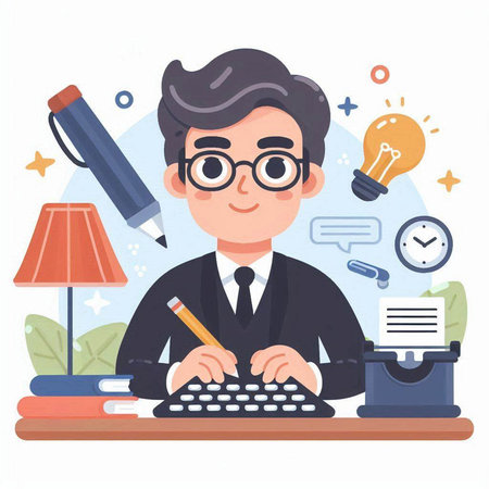 Businessman working with typewriter. Vector illustration in flat style.のイラスト素材