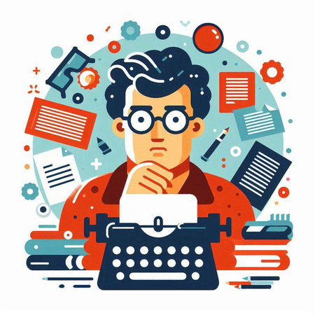 Man writer with typewriter. Flat vector illustration in modern style.のイラスト素材
