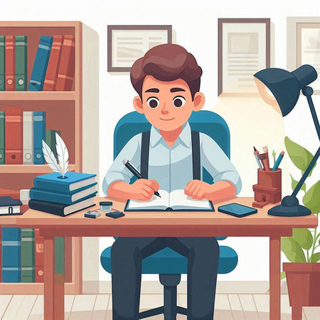 Vector cartoon illustration of a boy sitting at the desk and writing in his notebookのイラスト素材