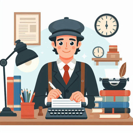 Retro journalist with typewriter. Vector illustration in flat style.のイラスト素材