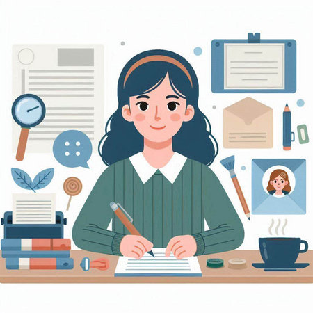 Girl writing in notebook at home. Vector illustration in flat style.のイラスト素材
