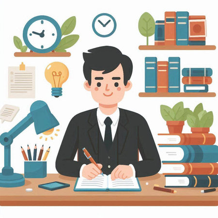 Businessman sitting at the desk and writing in a notebook. Vector illustration.のイラスト素材