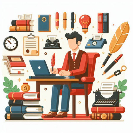 Businessman working on laptop at desk. Vector illustration in flat styleのイラスト素材