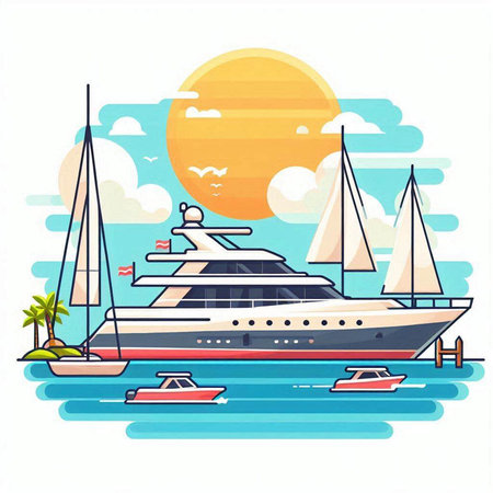 Yacht on the sea. Vector illustration in flat cartoon style.のイラスト素材