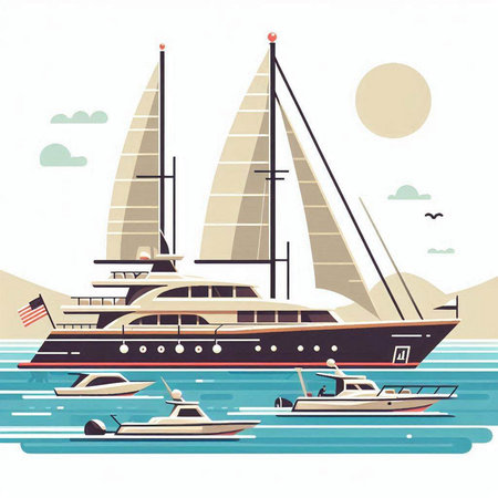 Yachts on the sea. Vector illustration in flat style.のイラスト素材