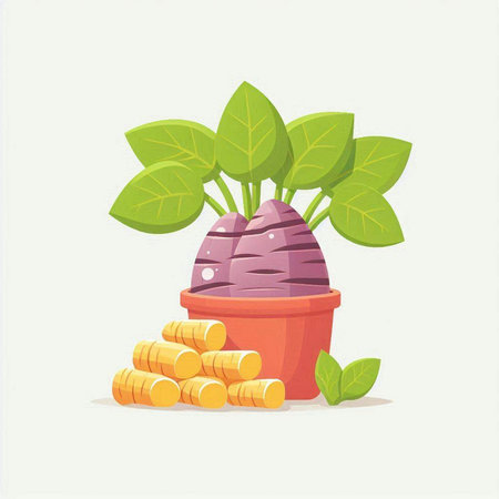 Illustration of plant in pot and gold coins on white background.のイラスト素材