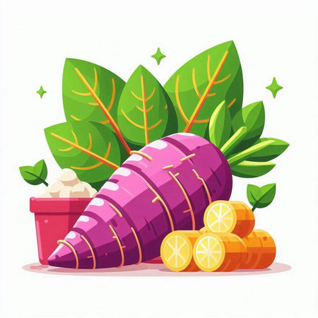 Purple sweet potato with leaves. Vector illustration in cartoon style.のイラスト素材
