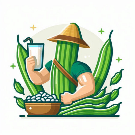 Illustration of farmer holding a glass of milk and a cactusのイラスト素材