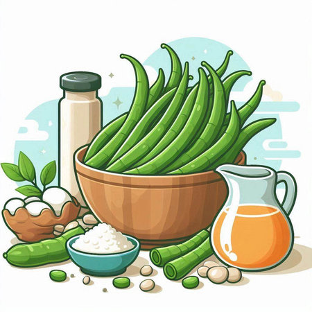 Vector illustration of green beans in bowl with ingredients for healthy food.のイラスト素材