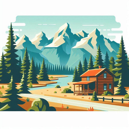 Mountain landscape with a wooden house in the forest. Vector illustrationのイラスト素材