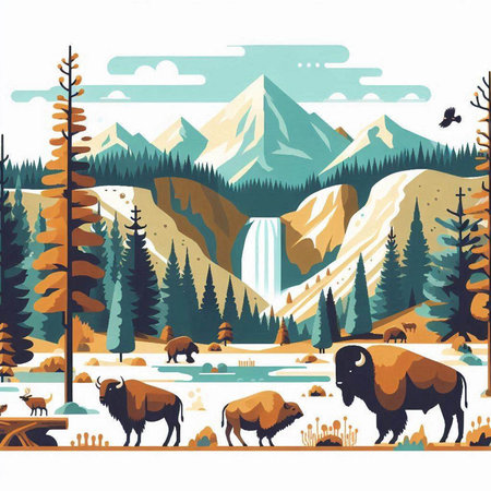 Mountain landscape with bison and wild animals. Vector illustration.のイラスト素材