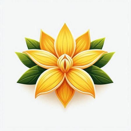Illustration of a yellow flower with green leaves on a white backgroundのイラスト素材