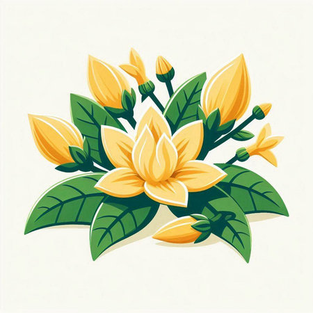 Illustration of yellow flowers with green leaves on a white background.のイラスト素材