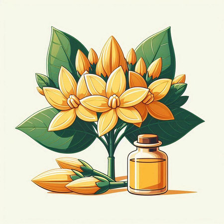 Essential oil in a bottle with yellow flowers. Vector illustration.のイラスト素材