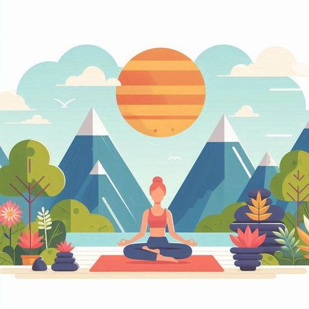 Woman practicing yoga in the park. Vector illustration in flat style.のイラスト素材