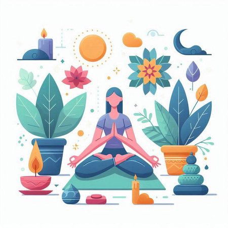 Yoga vector illustration. Woman meditating in lotus position.のイラスト素材