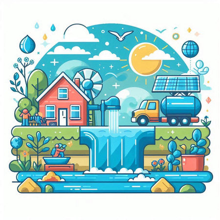 Flat design vector illustration of eco friendly city with water, trees, houses, cars, solar panels, wind turbine and birds.のイラスト素材
