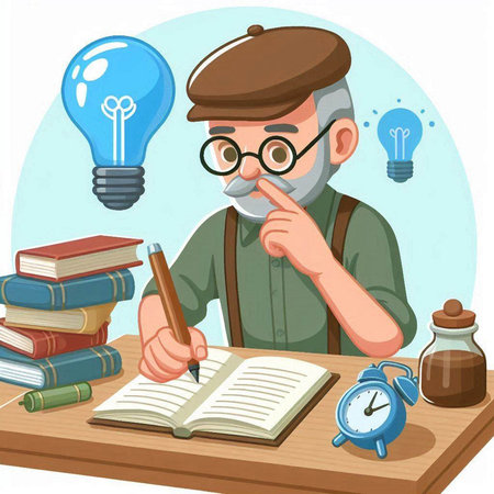 Old man studying at home. Vector illustration of an old man doing his homeworkのイラスト素材