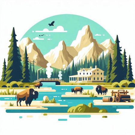 Vector illustration of a mountain landscape with a river, a wooden house, a herd of cows and mountains.のイラスト素材
