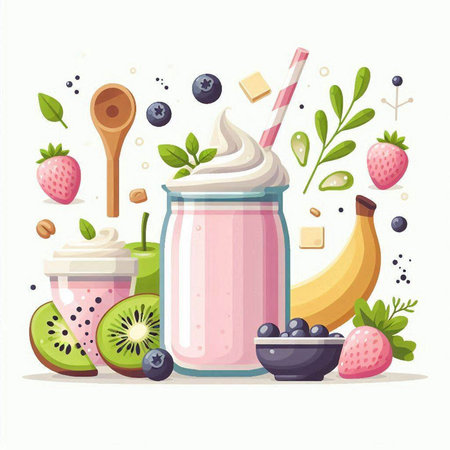 Fruit smoothie in a glass jar with ingredients. Vector illustration.のイラスト素材