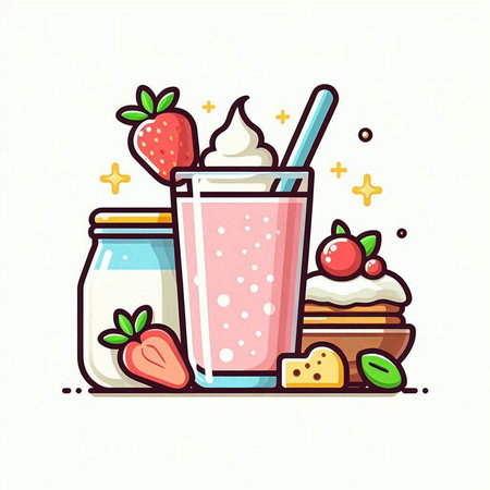Milk shake in glass with strawberry, banana and mint. Vector illustration.のイラスト素材