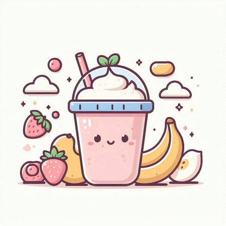 Cute cartoon banana smoothie with whipped cream. Vector illustration.のイラスト素材