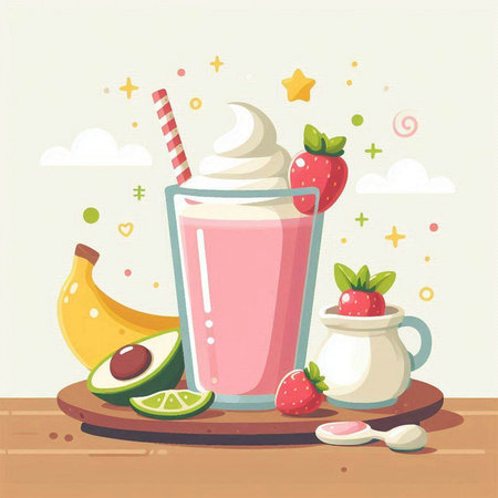 Milkshake with fruits and berries on a wooden background. Vector illustration.のイラスト素材
