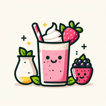 Strawberry milkshake with mint and fruit. Vector illustration.のイラスト素材
