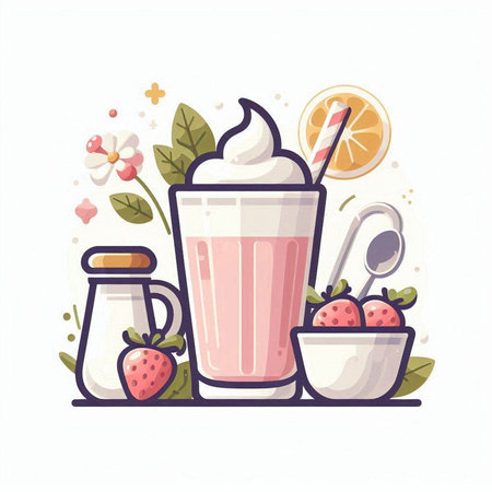 Milkshake in a glass with whipped cream and strawberries. Vector illustration.のイラスト素材