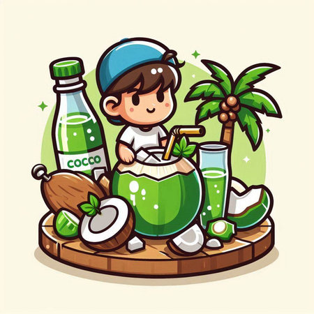 Coconut juice and boy cartoon vector illustration. Cute cartoon coconut character.のイラスト素材
