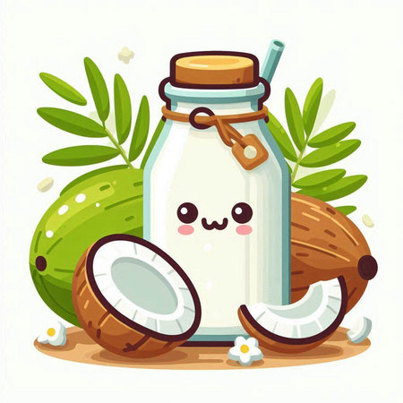 Cute cartoon coconut milk in a glass jar. Vector illustration.のイラスト素材