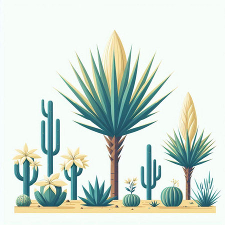 Cacti and succulents on the desert. Vector illustration.のイラスト素材