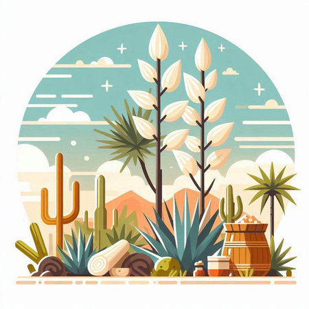 Cacti and succulents in the desert. Vector illustration.のイラスト素材