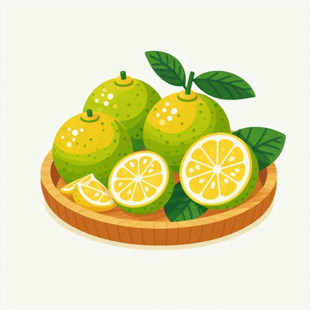 Vector illustration of whole and cut lemons on a wooden plate.のイラスト素材