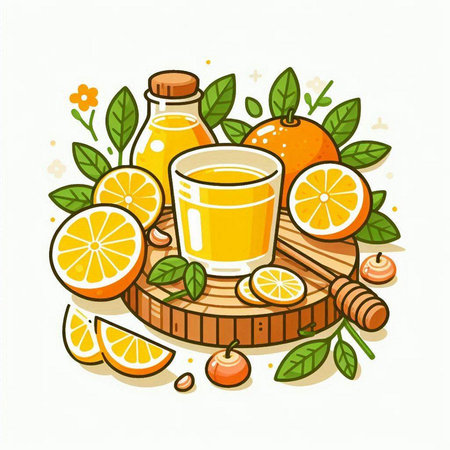 Orange juice in a glass with fresh fruits. Hand drawn vector illustration.のイラスト素材
