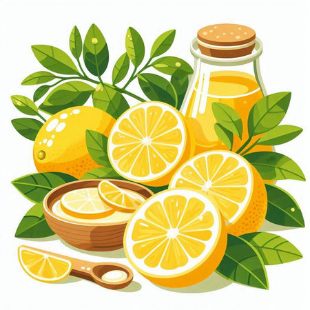 Fresh lemon juice in a glass bottle with lemon slices and leaves. Vector illustrationのイラスト素材