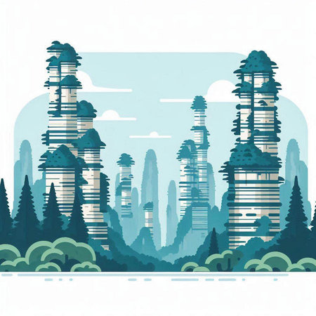 Cityscape with skyscrapers, trees and lake. Vector illustration.のイラスト素材