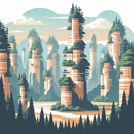 Fantasy landscape with mountains, river and forest. Vector illustration.のイラスト素材