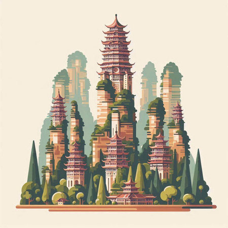 Tian Tan Pagoda in Hong Kong, China. Vector illustrationのイラスト素材