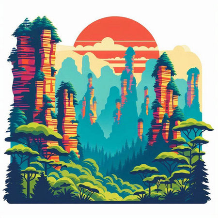 Sunset in the mountains. Vector illustration. Landscape with forestのイラスト素材