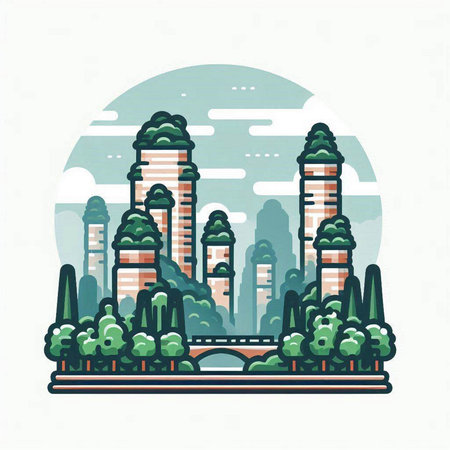 Landscape with buildings, trees and bridge. Vector illustration in flat style.のイラスト素材