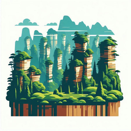 Fantasy landscape with mountains and trees. Vector illustration in retro style.のイラスト素材